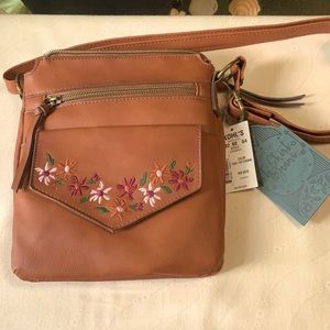 T-shirt & Jeans brown with mauve pink and copper flowers crossbody